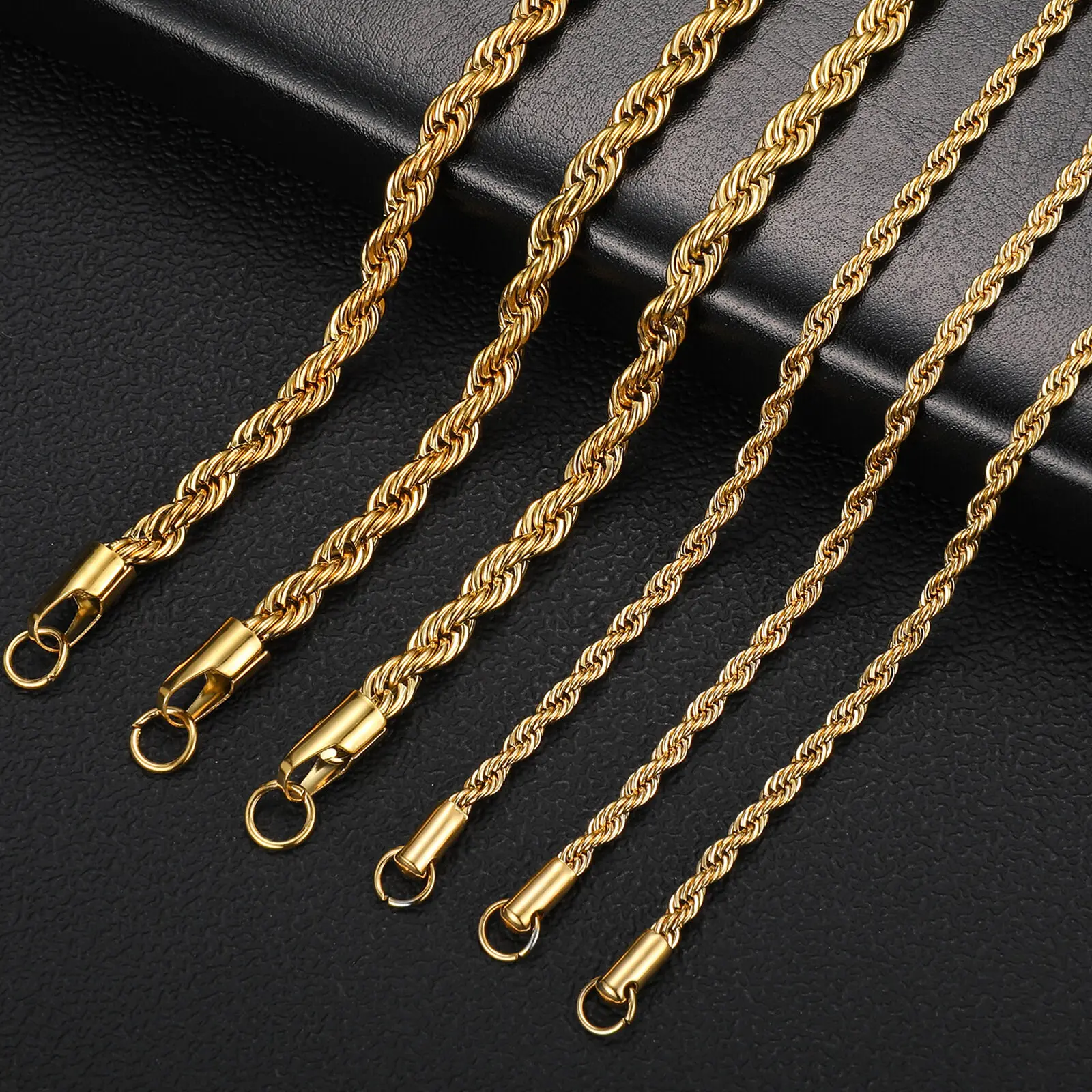 Collar de cadena de cuerda trenzada de Color dorado de 2-6MM, Gargantilla impermeable de acero inoxidable que nunca se decolora para hombres y mujeres, joyería de
