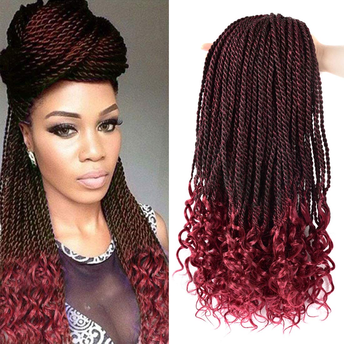 Goddess Senegal Twist Crochet Hair Braiding With Curly Ends Synthetic Braid Hair Extensions 18 Inch SOKU Ombre Senegalese Braids: Bug / 3Pcs/Lot