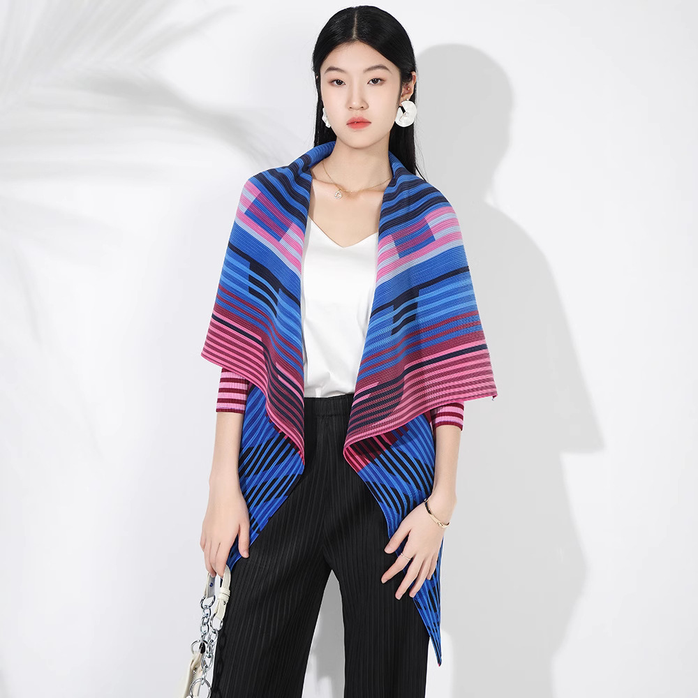 Geplooide bedrukte mode casual buitenponcho Miyake grote revers vest middellange sjaal tops zonbeschermende kleding: Blauw