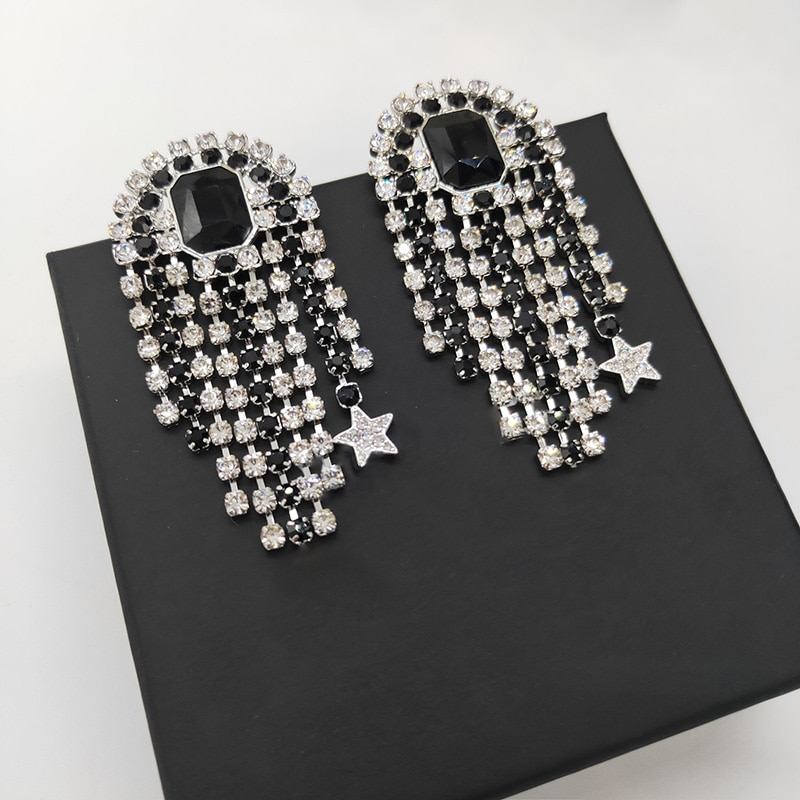 Brand Big Jewelry Tassel Star Flower Clip Earrings Black Crystal Earrings Tassel Star Wedding Party Clip Earrings