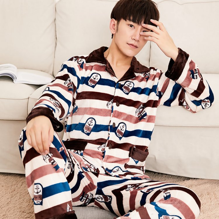 Vinter pyjamas for menn tykk flanell nattøy dress 2 stk pyjamas homme varme uformelle hjemmeklær pijamas hombre: 991948 / L