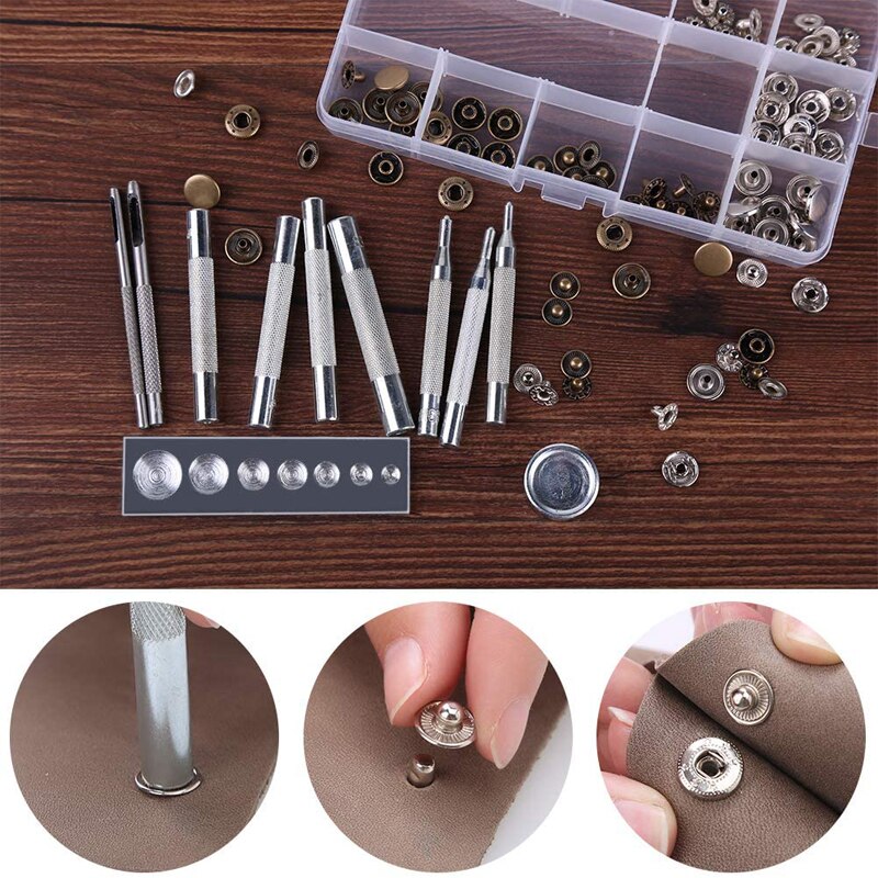 LMDZ Leather Snap Fasteners Kit Press Stud Metal Button Snaps with Hammer Installation Tools for DIY Leather Craft Project