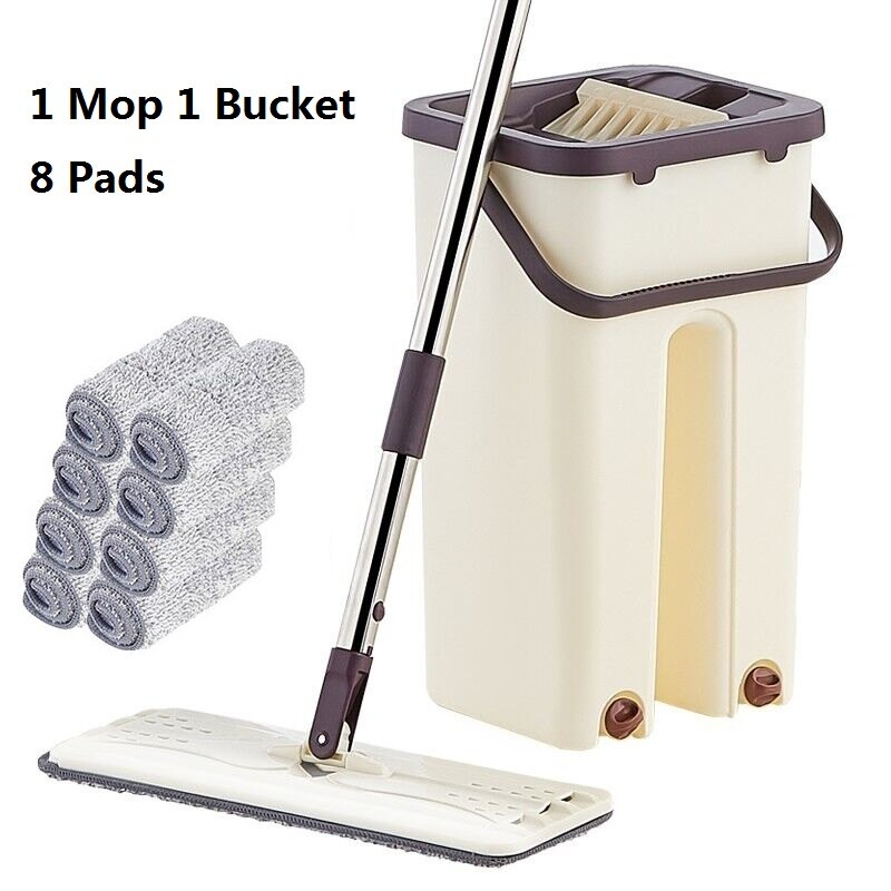 Selvrensende doven moppe flad klemme og spand håndfri vridning af gulv rengøring moppe våd eller tør brug automatisk centrifugering: 1 moppe 8 puder
