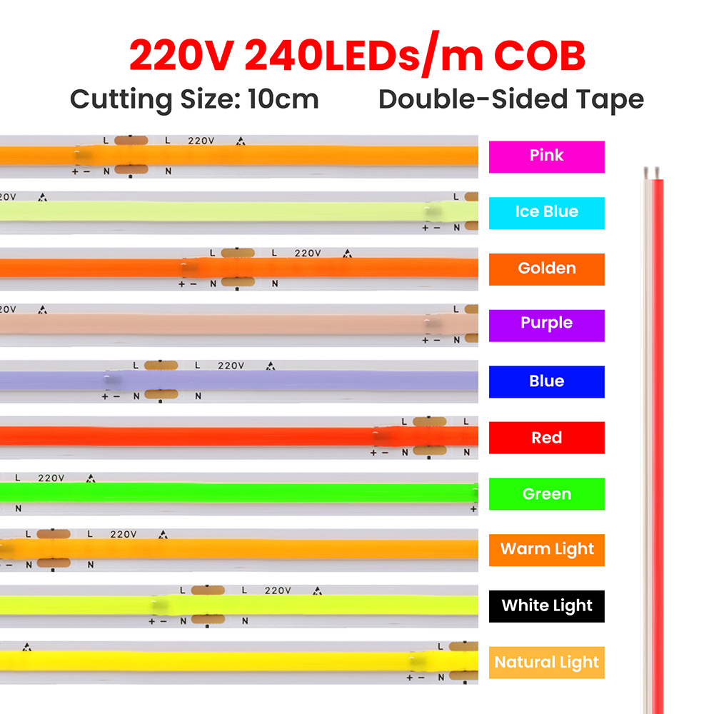 Led-stripe cob 220v høy lysstyrke 5m 10m 20m 50m fleksibel lysbånd med ic-likeretter 230v 240v ac 240 led/m lineær belysning