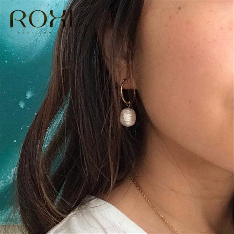 ROXI Freshwater Pearl Pendant Hoop Earrings for Women Gold Loop Circle Earrings Baroque Pearl Huggie Earring Trendy Jewelry