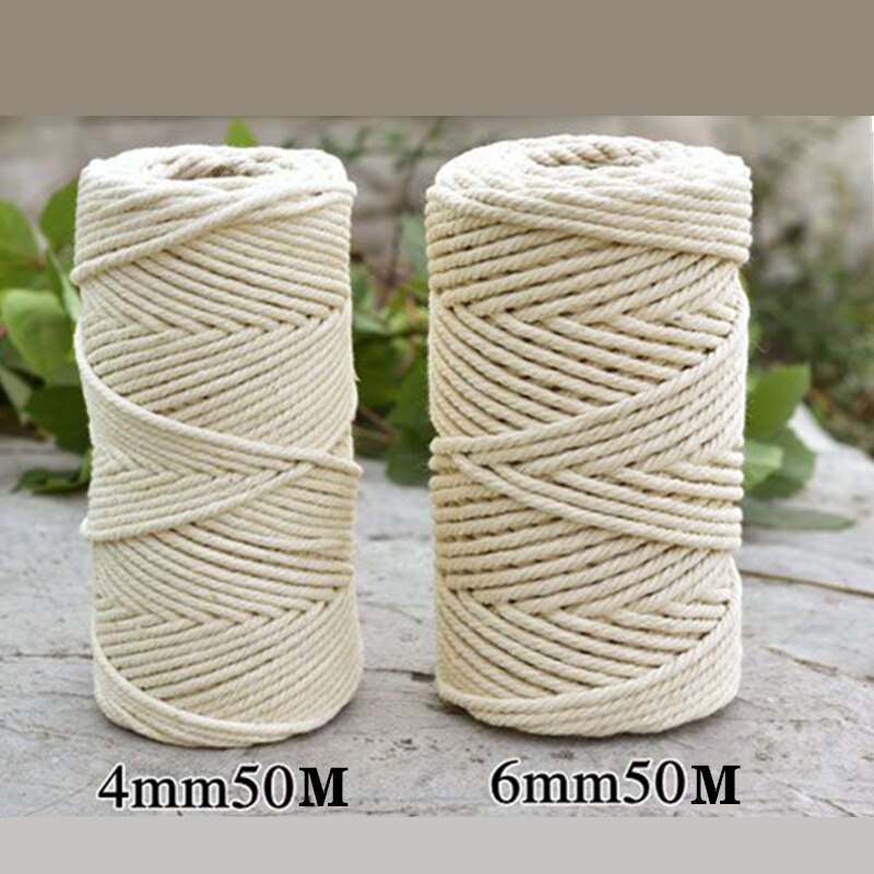 4-6mm 50m beige bomuld snoet flettet snor reb håndværk holdbar makramesnor gør-det-selv håndlavet hjemme dekorative tekstiltilbehør: 6mm x 50m