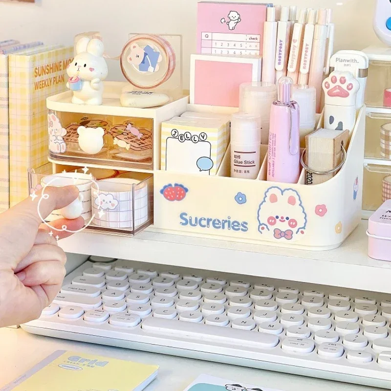 Kawaii caixa de armazenamento de mesa organizador bonito urso lidar com gaveta tipo organizador de mesa multi-grade caneta titular com adesivos kawaii