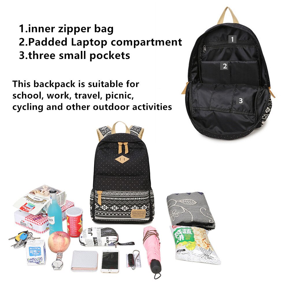 3 in 1 rugzak junior high schooltas canvas stippenprint tienermeisjes lichtgewicht laptoprugzakken met geïsoleerde tas + etui
