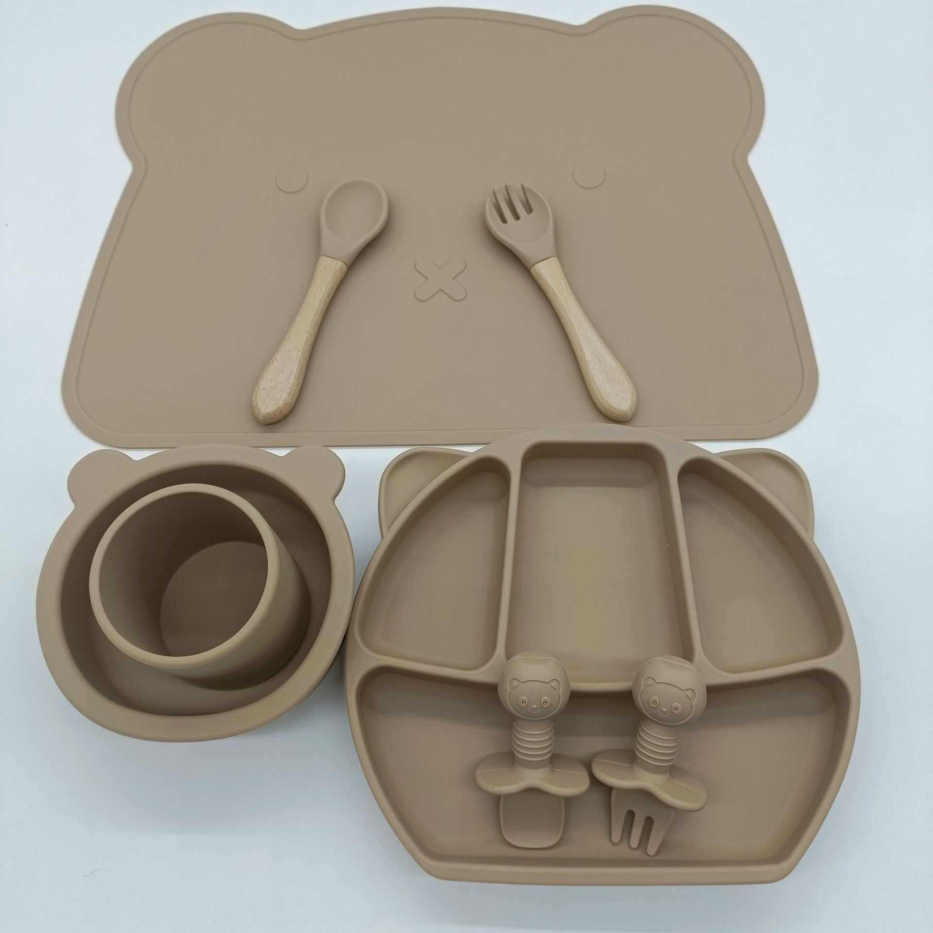 8PC Baby Silicone Sucker Plate Bowl Cup Spoon Fork Placemat Sets Food Grade Children&#39;s Compartment Training Dishes With Sucker: Khaki