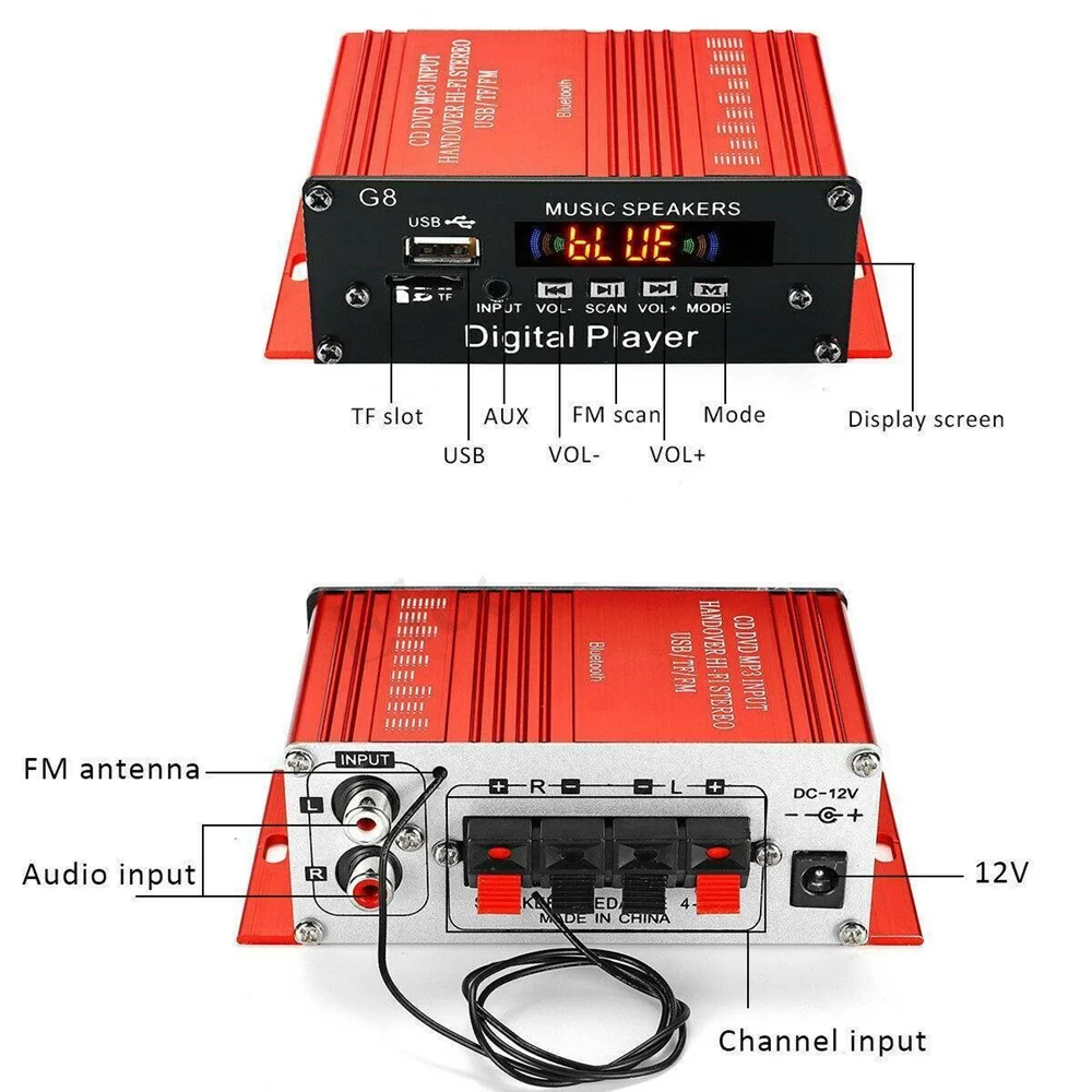 New200W 12V 2CH Mini Digital Bluetooth HIFI Audio Power Amplifier Car Audio Amplificador Stereo Amplifiers FM Radio USB W/Remote