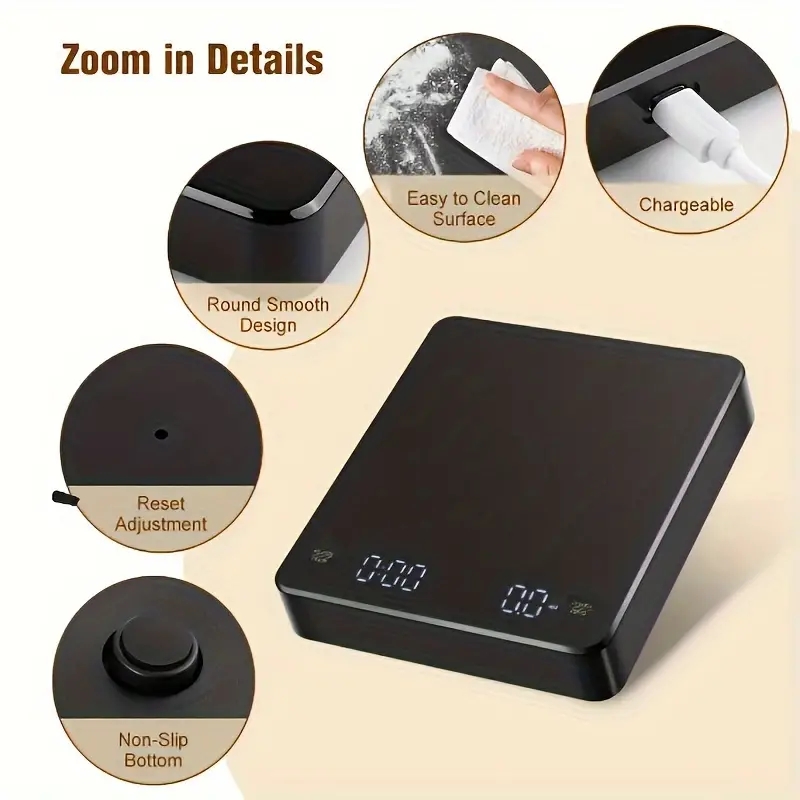 KC2 Digital Rechargeable Coffee Scale with Timer LED Screen Espresso USB 0.1g to 3kg High Accuracy Measuring Kitchen Scale