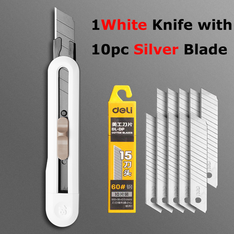 Deli Nusign Retractable Aluminum Utility Knife Box Cutter Metal Blades 18MM Self-Lock Paper нож School Office Stationery: 1White10Silver Blade