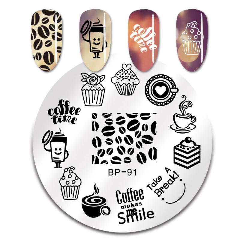 Geboren Mooie Ronde Nail Art Stamp Template Koffie Tijd Leuke Afbeelding Afdrukken Nail Stempelen Plaat Voor Nail Art
