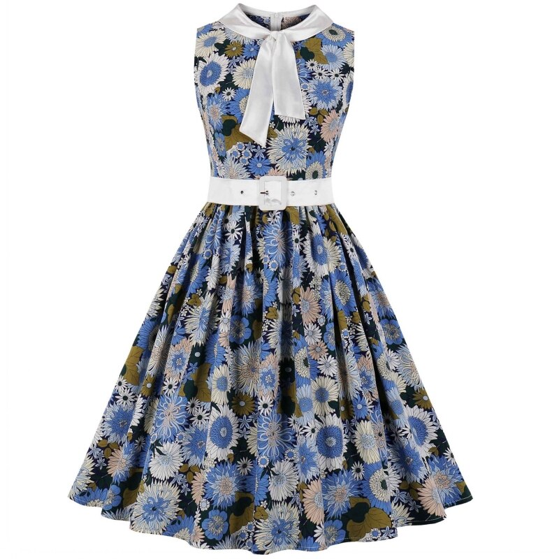 Las mujeres Pin Up de verano Flor de Casual vestido sin mangas Midi Retro traje de 60s 50s Vintage Vestidos con vuelo de estilo Rockabilly Vestidos: XL