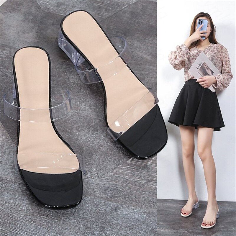 Sandalias de tacón de cristal para mujer, calzado con cabeza cuadrada, tacón medio grueso, cinturón transparente, estilo Hada, novedad de verano 2022: Negro / 37