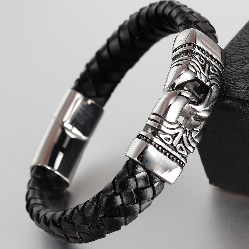 MODE Mannen Armband Zwart Vintage Lederen Armband Rvs Magnetische Sluitingen Armbanden Mannelijke Sieraden Etnische Etnische