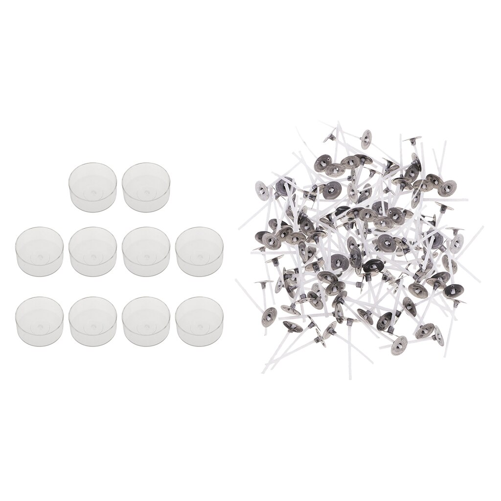 10x Clear Plastic Round Tealight Cup Empty Case + 200x Cotton Candle Wicks