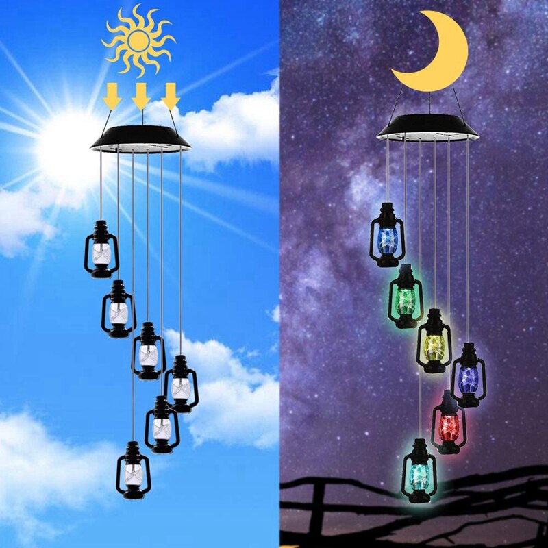 Skiftende soldrevne lanterne vindklokke vind mobil ledet lys, gzero spiral spinner windchime bærbar udendørs klokke til pati