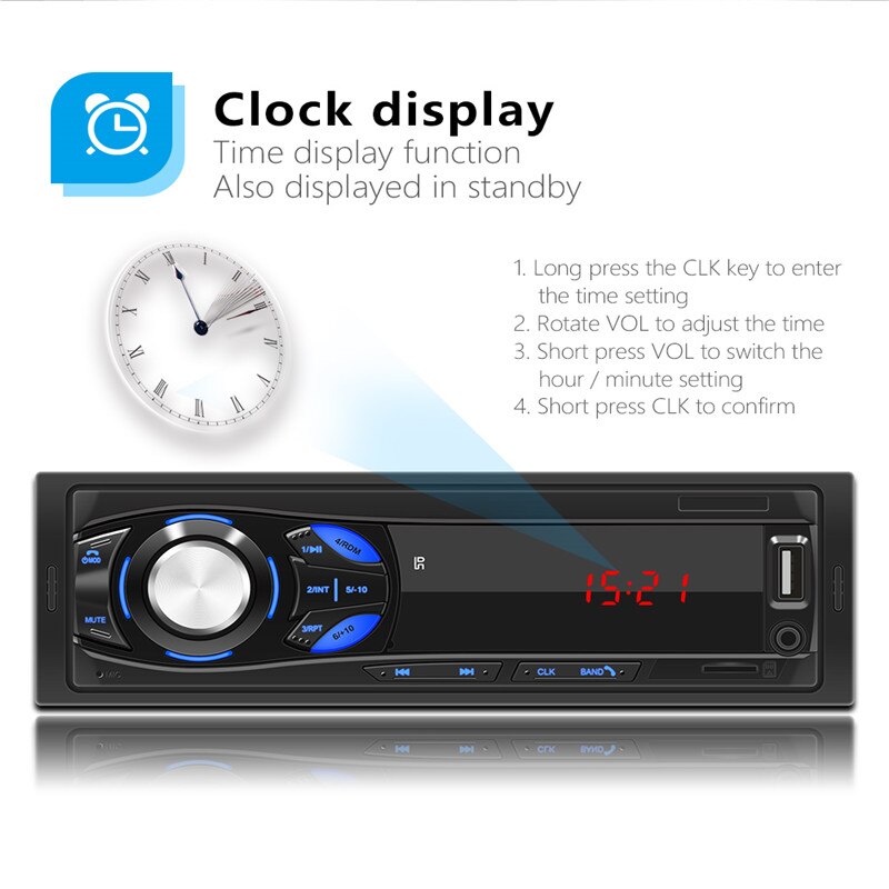 3.5mm aux bluetooth bilradio stereo fm handsfree kit  dc12v tf kortspelare tidsdisplay 1 din bil  mp3 högtalaradapter för lada
