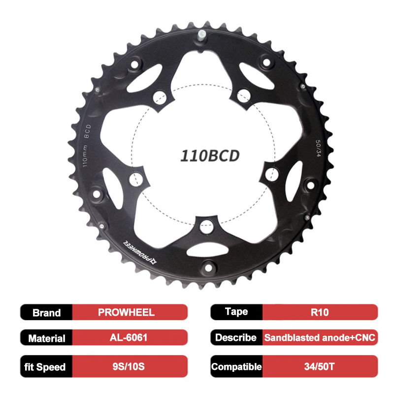 PROWHEEL 110BCD Kettingblad 34 T 50 T Racefiets Kettingblad 9/10/11 Speed Dubbele Snelheid 110 BCD Fiets Kettingwiel Fiets Deel: Black