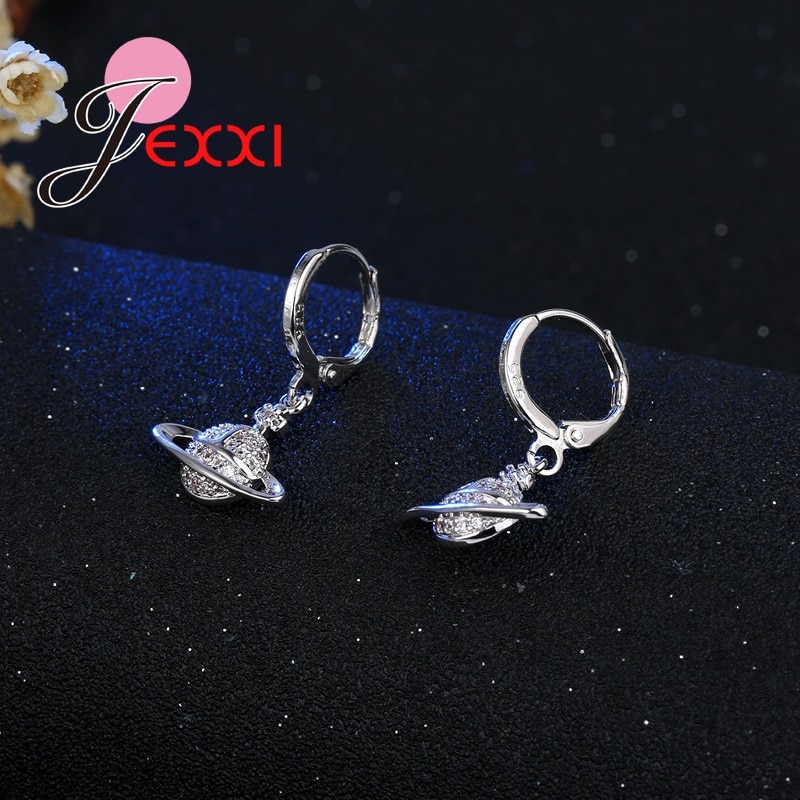 Planet saturn dingle ørering & vedhæng halskæde smykker sæt 925 sterling sølv ufo charms kvinder bryllup