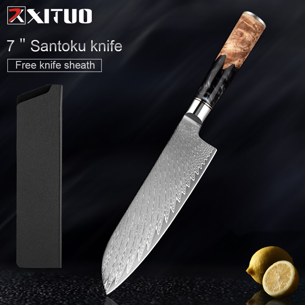 XITUO – ensemble de couteaux de cuisine en acier damas, couteau de chef japonais, couperet à pain utilitaire en résine et manche en bois stabilisé: 7 inch Santoku knife