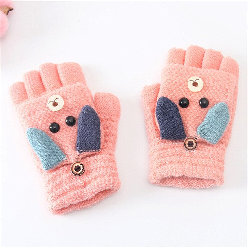 6-12Y Del Bambino Del Capretto Della Ragazza del Ragazzo Caldo Inverno Guanti Guanti Maglia Animale Del Fumetto di Spessore per bambini I Bambini Tenere In Dito Caldo: Colore rosa