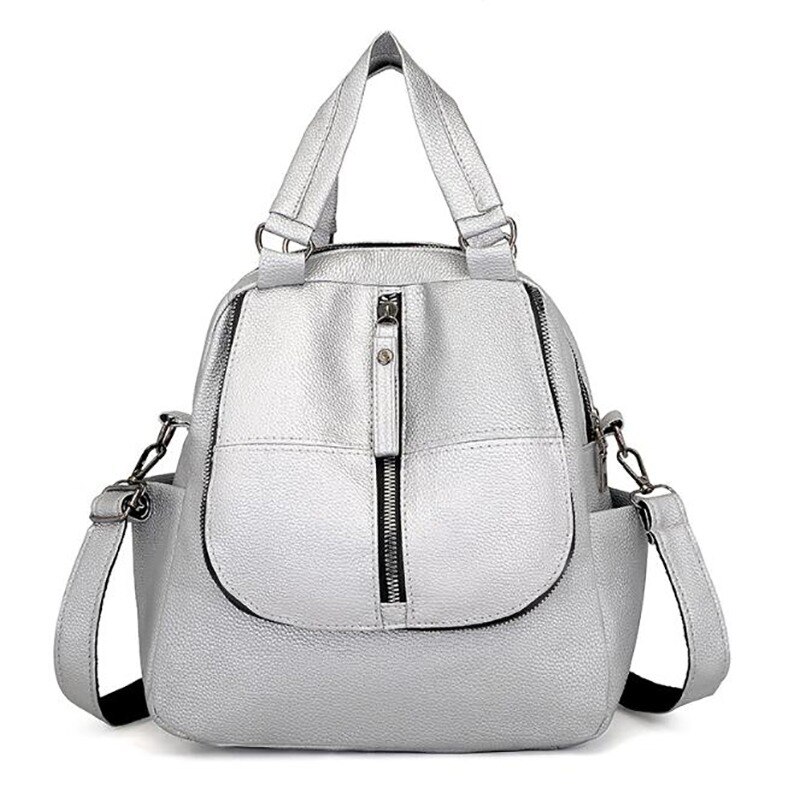 Women's PU leather backpack School bag classic black waterproof travel multi-function Shoulder bag: silver 3