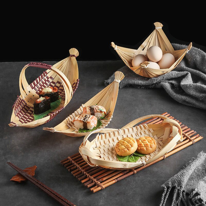 Japansk bambus bento sushi sjømatte båt vevde produkter håndlagde bambus kurv gårdsservise sashimi tallerken dekorasjon