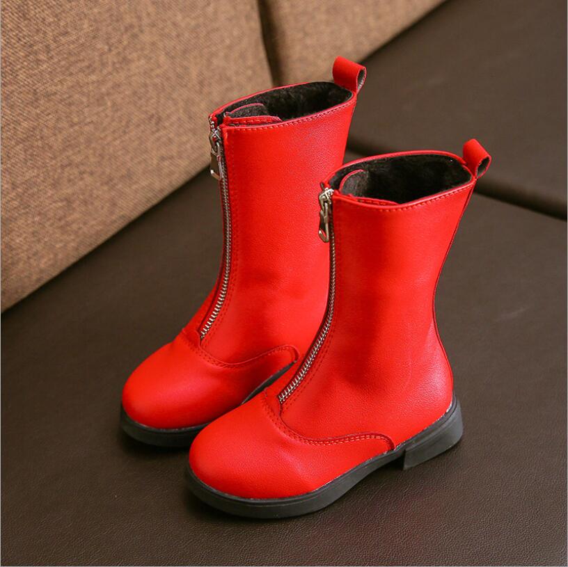 Jaar lente winter meisjes laarzen kinderschoenen leren laarzen meisje warme schoenen wilde meisjes sneeuwlaarzen zwart rood: Rood / 1