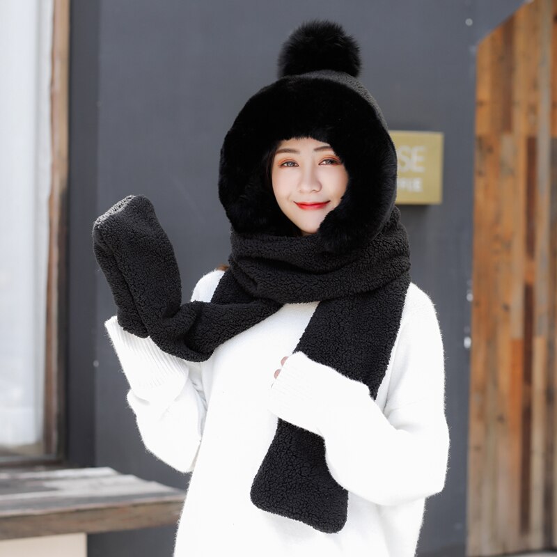 H7733 Women Bomber Hat Female Winter Student Warm Plus Cute Plush Neck Ear Protection Cap Girl Pure Color Thick Soft Lovely Hats: Black