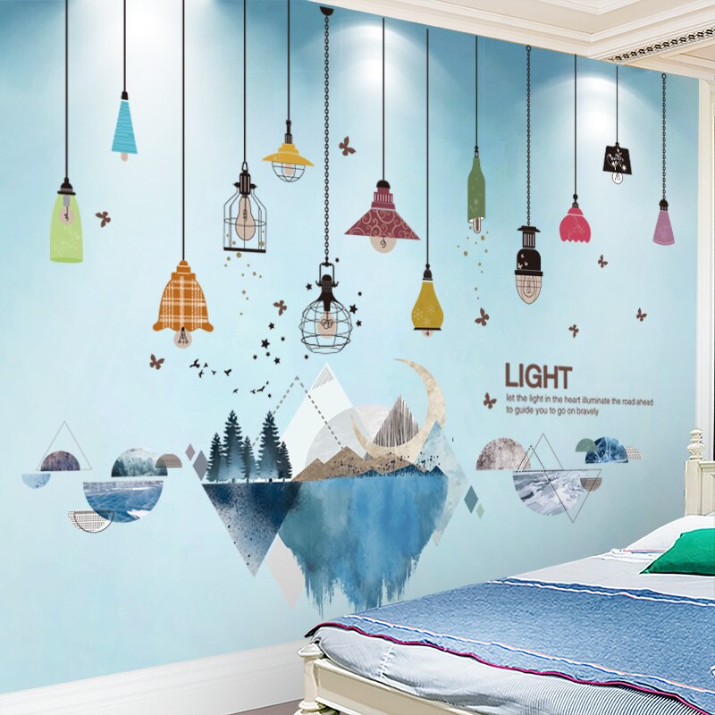 [shijuekongjian] floder bjerge wallstickers diy træ fugle vægmaleri mærkater til stue soveværelse hus dekoration: Flod og lys 1