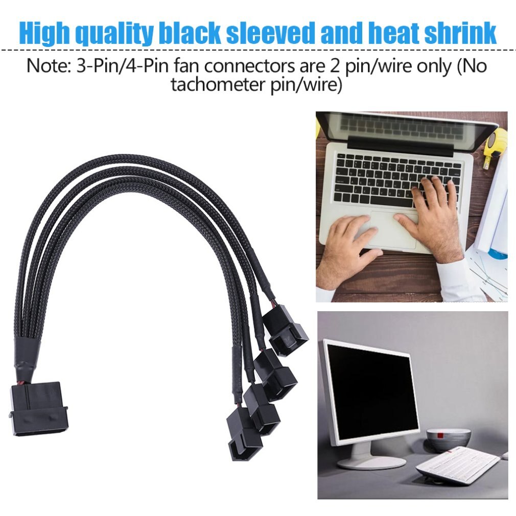1 To 2 Way Y-Splitter Sleeved 4-Pin Molex Male To 2x 3-Pin/4-Pin PWM Male Connector Fan Extension Adapter Cable