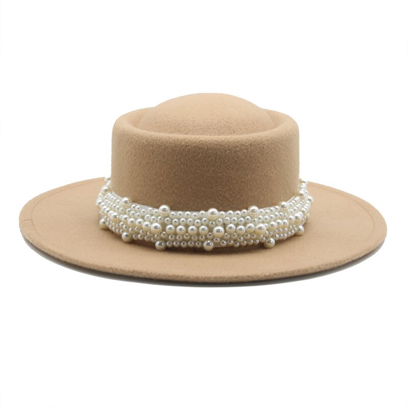 Vrouwen Hoeden Ronde Top Parel Band Formele Lente Mannen Vrouwen Vilten Hoeden Jazz Kerk Wedding Solid Klassieke Riem Zwarte Fedora hoeden: camel