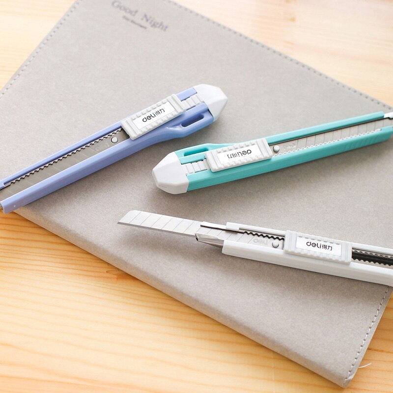 DELI 2031 Cutter Wood Box Paper Cutter Auto Lock SK5 Metal Stationery Utility Craft Knife Cutter Cutting Knife