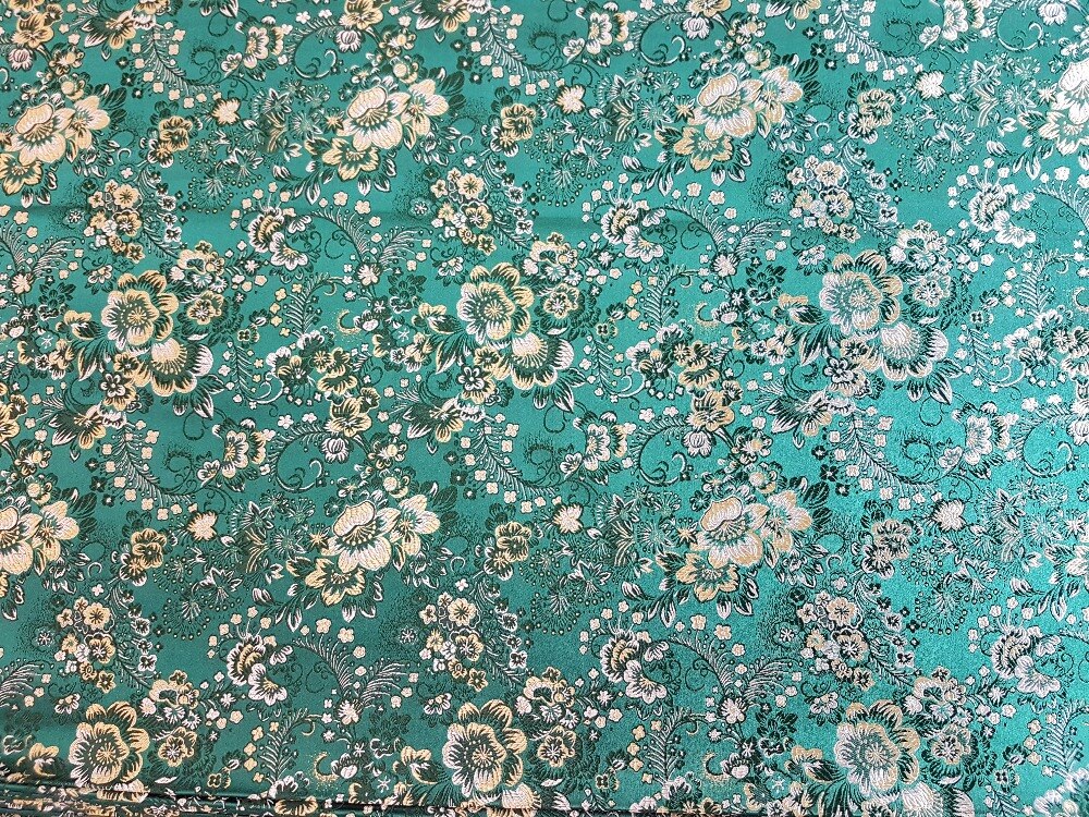 Brocado de seda chino, tela de Damasco tejida para cojines o qipaos, reverso verde oscuro con oro blanco y verde, patrón de flor de melocotón