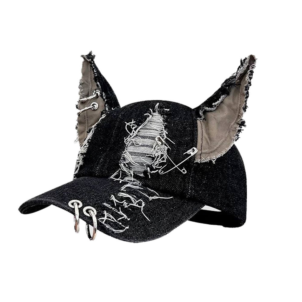 Niche Y2k-Casquette de Baseball Déchirée en Denim avec Oreilles de Lapin pour Homme et Femme, Personnalité Sombre, Anneau en Métal, Tendance de la Rue, Réglable: Rouge