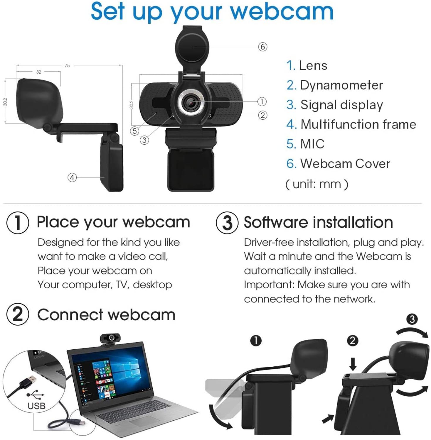 LarmTek-cámara Web con USB, Full HD, 1080p, Plug and Play, con micrófono para grabación de vídeo
