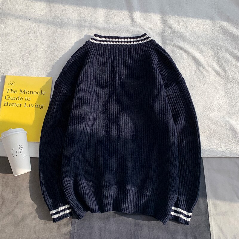 Jerséis con cuello en V para hombre, suéteres masculinos con cuello en V, estilo pijo, para parejas, fáciles de combinar, y holgado, estilo Retro para Otoño e Invierno