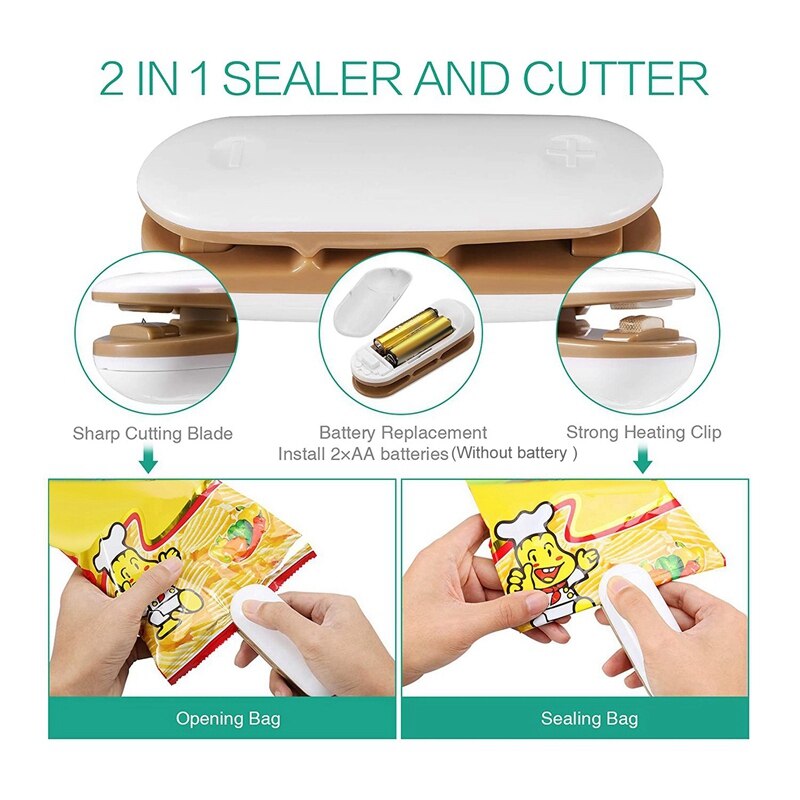 Mini Zak Sealer,2 Pack 2 In 1 Warmte Vacuüm Sealer & Cutter, Met Afneembare Haak, voor Plastic Zakken Voedsel Opslag Snack Verse