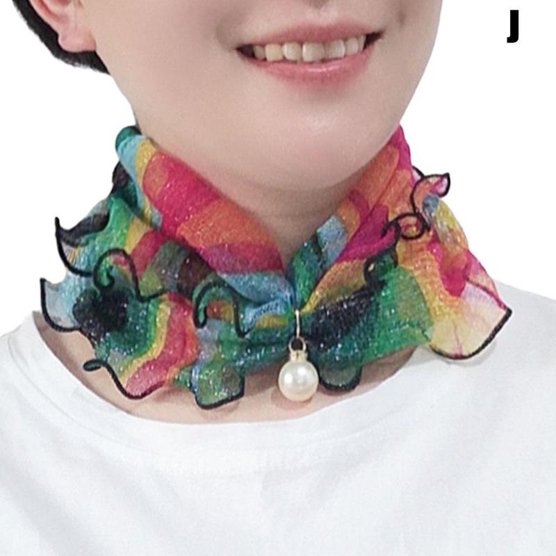 Ruffled Shiny Gold Silk Scarf Pearl Pendant Neck Lady&#39;s Head Jewelry Scarves Hair Accessory Necklace Girl Kerchief A3Z9: MixColor