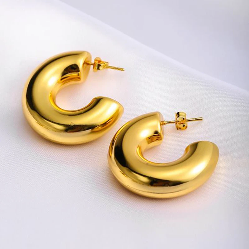 Nuevos pendientes de aro Retro de acero inoxidable con forma de C grueso, chapado en oro brillante, círculo PVD, tubo redondo, aros Huggie, joyería para oreja apilada