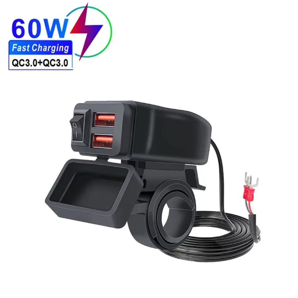 60W motorfiets USB snellader PD QC3.0 voedingsadapter stuur dubbele USB-aansluiting waterdicht met schakelaar voltmeter: WIT