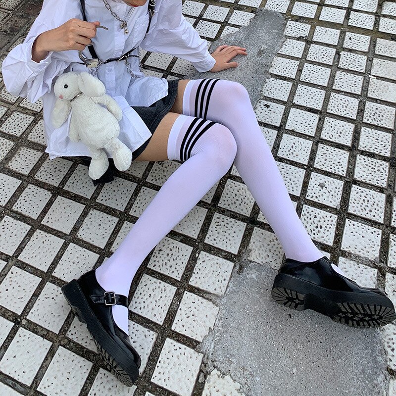 Japanese Velvet Long Socks Over The Knee Striped Socks Stockings Female Student Jk Uniform Knee Socks Thin White Summer Thin