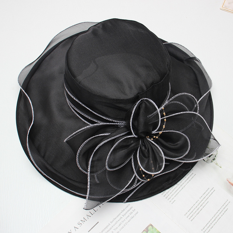 18 Color Ladies Summer Hat White Black Organza Church Fascinator Wedding Tea Party Derby Hats for Women Flower Wide Brim Sun Hat: SKY BLUE