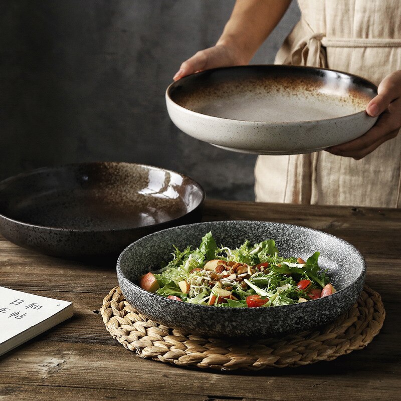 Japanese Style Ceramic Deep Dishes Household 8/10 Inch Salad Dish Dinner Plate Kitchen tableware Soup Bowl Serving Plates ZH655