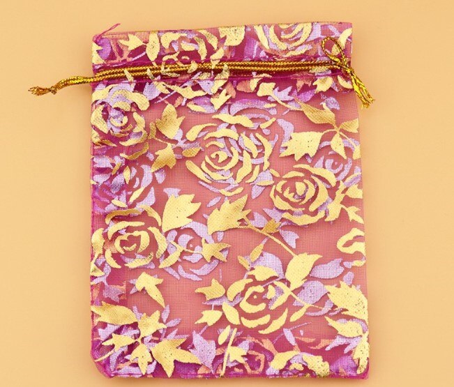 100 stuks/partijen sieradenverpakkingen, organza garen zakjes, net zakjes, gouden stempel snoepkleurige trekkoord bedankjes zakjes: Rozenrood