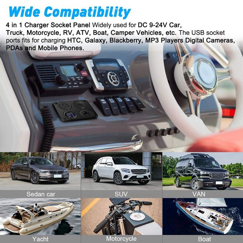 Led Voltmeter Met Dual Usb-poorten & Car Charger Voor Auto/Boot, Led Schakelpaneel, 12-24V Stopcontact Aan-uit Schakelaar