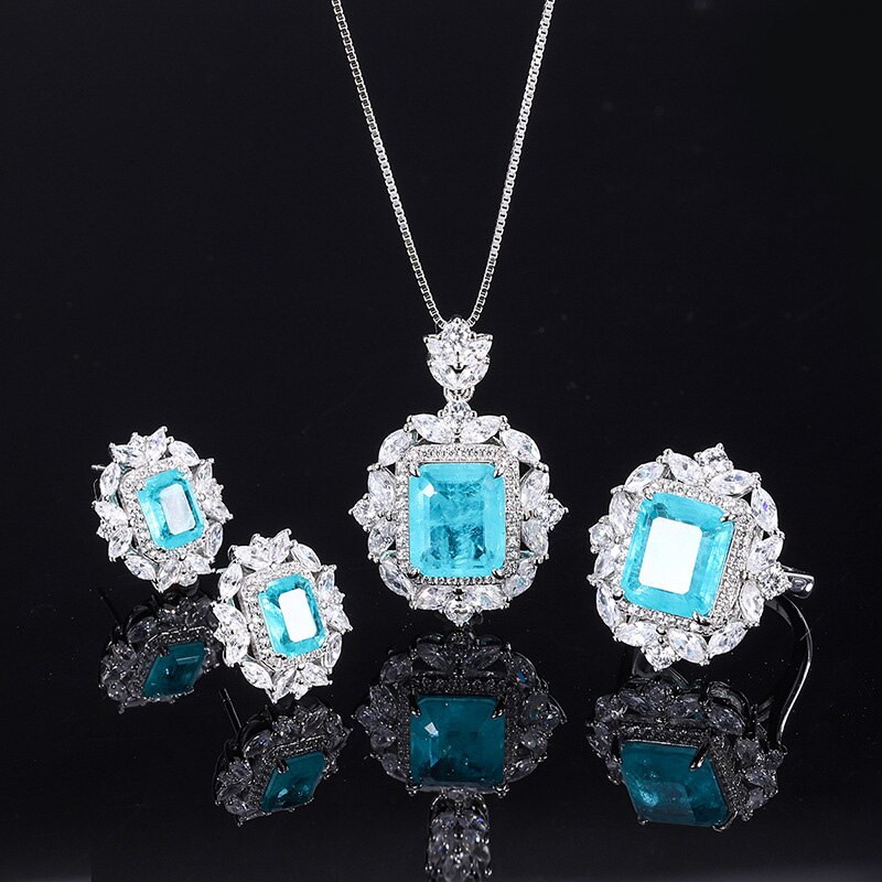 Oevas 100% 925 sterling silber paraiba blau diamantanhänger halskette ringe für damen party feines schmuckset
