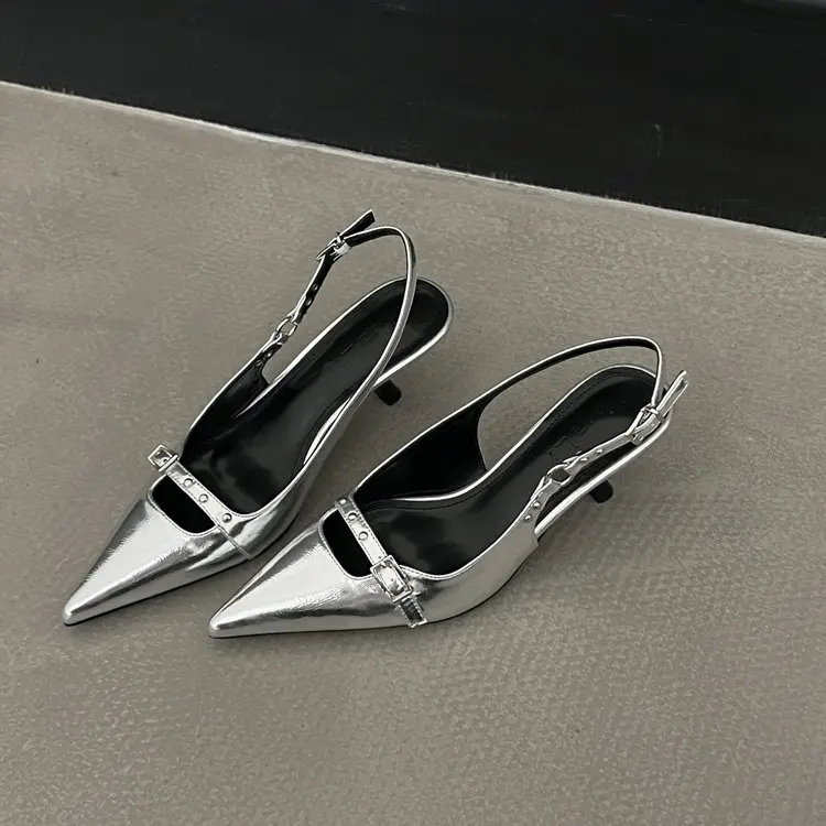 Slingback sandaler kvinder mellemhøje hæle pumps nittesko spidse snude dame mules kjoler denimsandaler: Sølv / 35